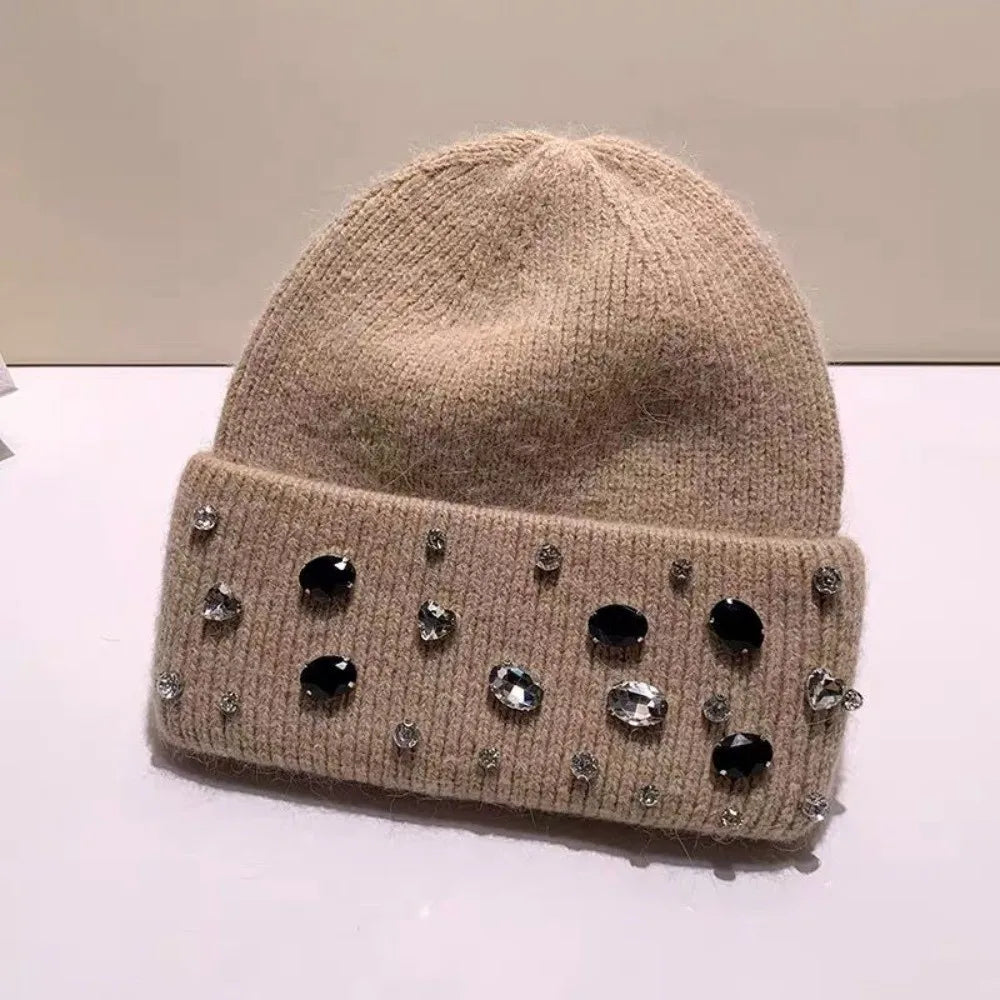 Women's Rhinestone Knit Beanie – Warm Winter Hat Knit Beanie Hat PLUSH Khaki