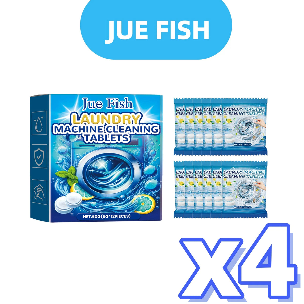 12pcs Washing Machine Cleaning Effervescent Tablets | Jue-Fish Washer Cleaning Tablets PLUSH 12pcs in boxed x 4