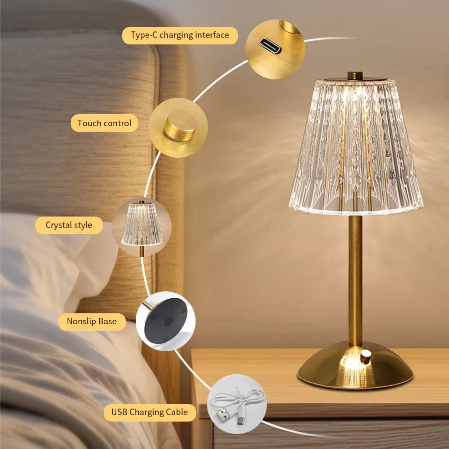 Crystal LED Rechargeable Table Lamp – Dimmable Bedside Night Light LED Table Lamp PLUSH