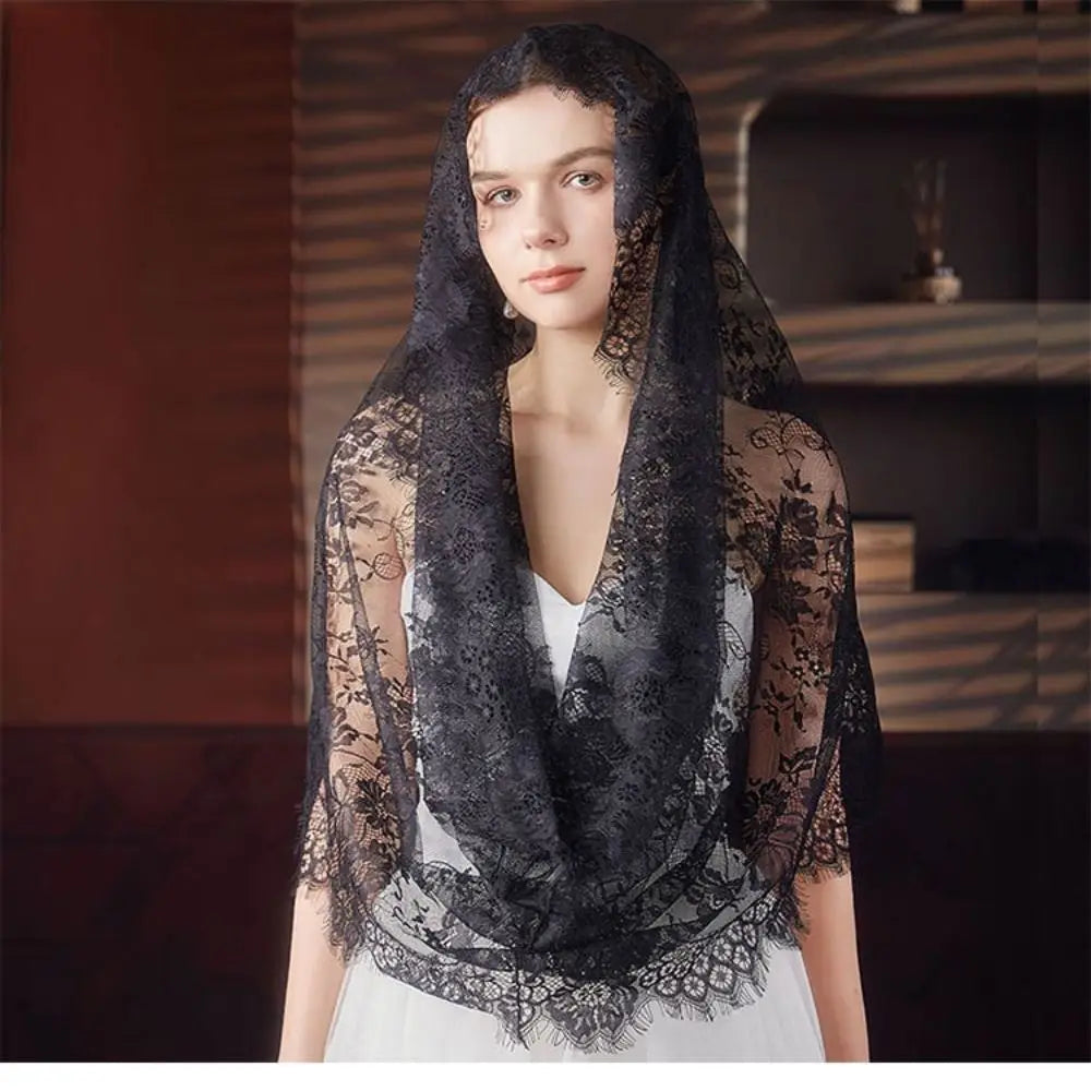 Spanish Lace Mantilla Veil Black White – Bridal Head Covering Lace Mantilla Veil PLUSH