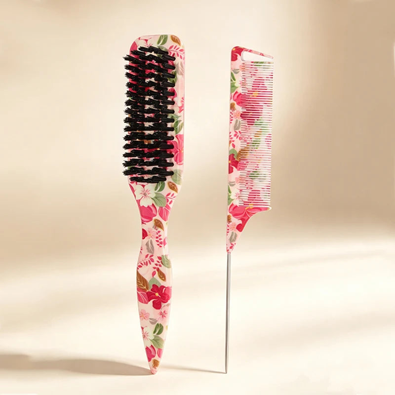 Floral Hair Brush – Sleek Ponytail, Edge Control & Flyaway Tamer Hair Styling Brush PLUSH 2pcs