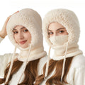 Women's Fleece Lined Knit Balaclava Hat & Neck Warmer Balaclava Hat PLUSH Beige 3PCS