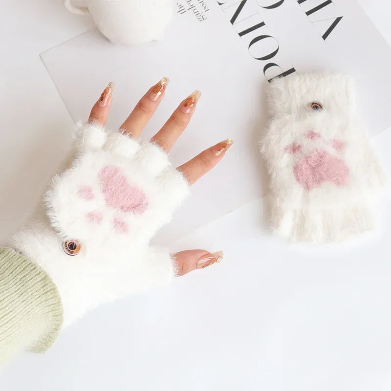 Winter Cat Paw Mittens – Convertible Flip Top Knit Gloves Convertible Winter Mittens PLUSH White 3Pairs