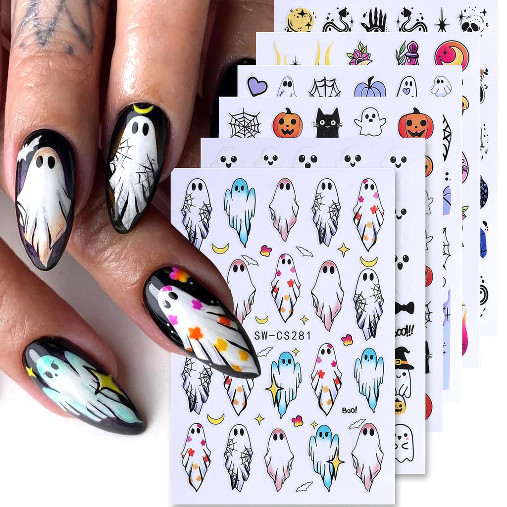6pcs Halloween Nail Art Stickers – Pumpkin Spider Web Ghost Decals Nail Art Stickers PLUSH