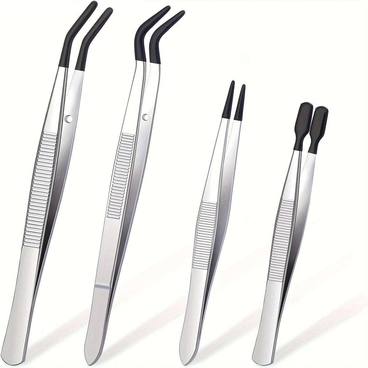 4pcs Stainless Steel Tweezers Set – Rubber Coated Flat & Curved Tips Craft Tweezers Set PLUSH Black 4 pcs set