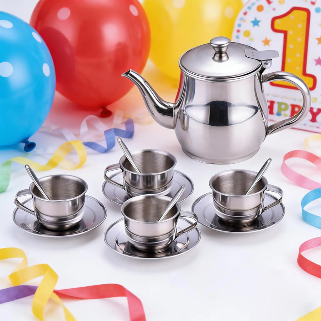 Stainless Steel Kids Tea Party Set – Teapot, Cups & Strainer Kids Pretend Play Set PLUSH