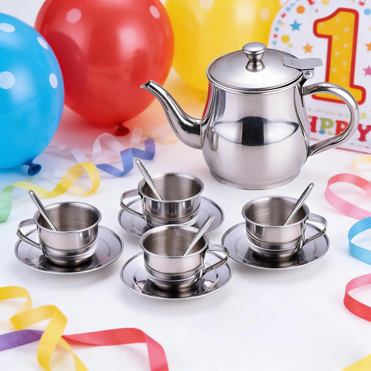 Kids Stainless Steel Tea Set – Teapot & Cups Pretend Play Kids Pretend Play Set PLUSH