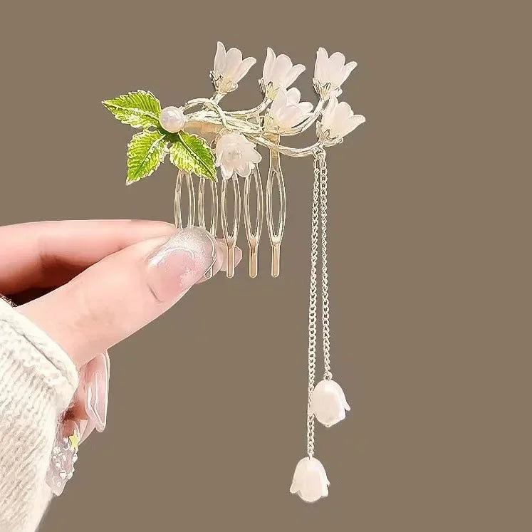 Vintage Fan Tassel Insert Comb Clip – Elegant Hair Pin Tassel Hair Clip PLUSH flower