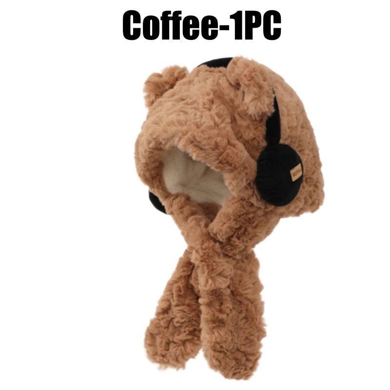 Women's Bear Ear Hat & Scarf Set – Fleece Lined Winter Hood Winter Hat Scarf Set PLUSH Coffee-1PC