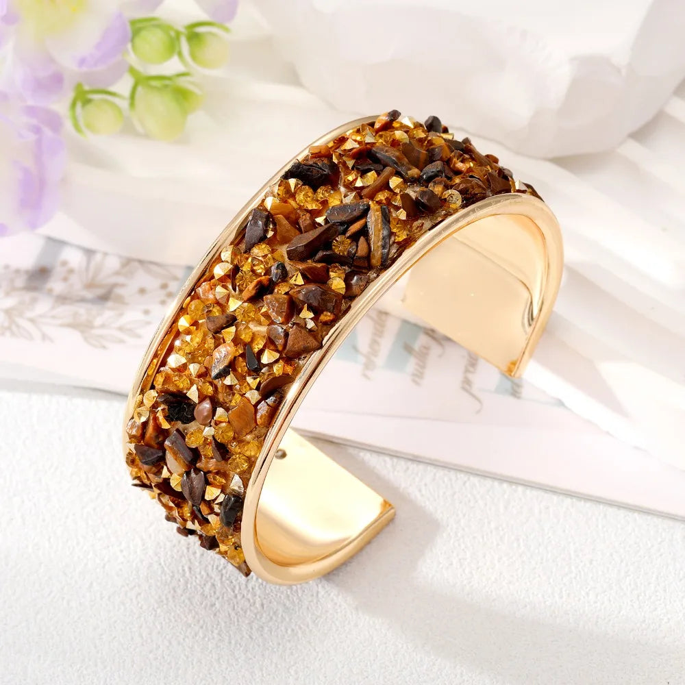 Bohemian Wide Open Cuff Bangle – Rhinestone Stone Bracelet Cuff Bangle Bracelet PLUSH Coffee
