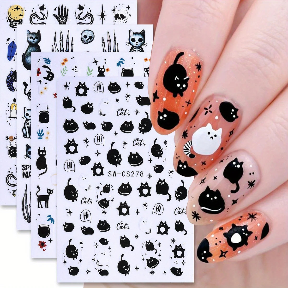 Halloween Nail Art Decals – Black Cat & Skull Stickers 4pcs Nail Art Decals PLUSH