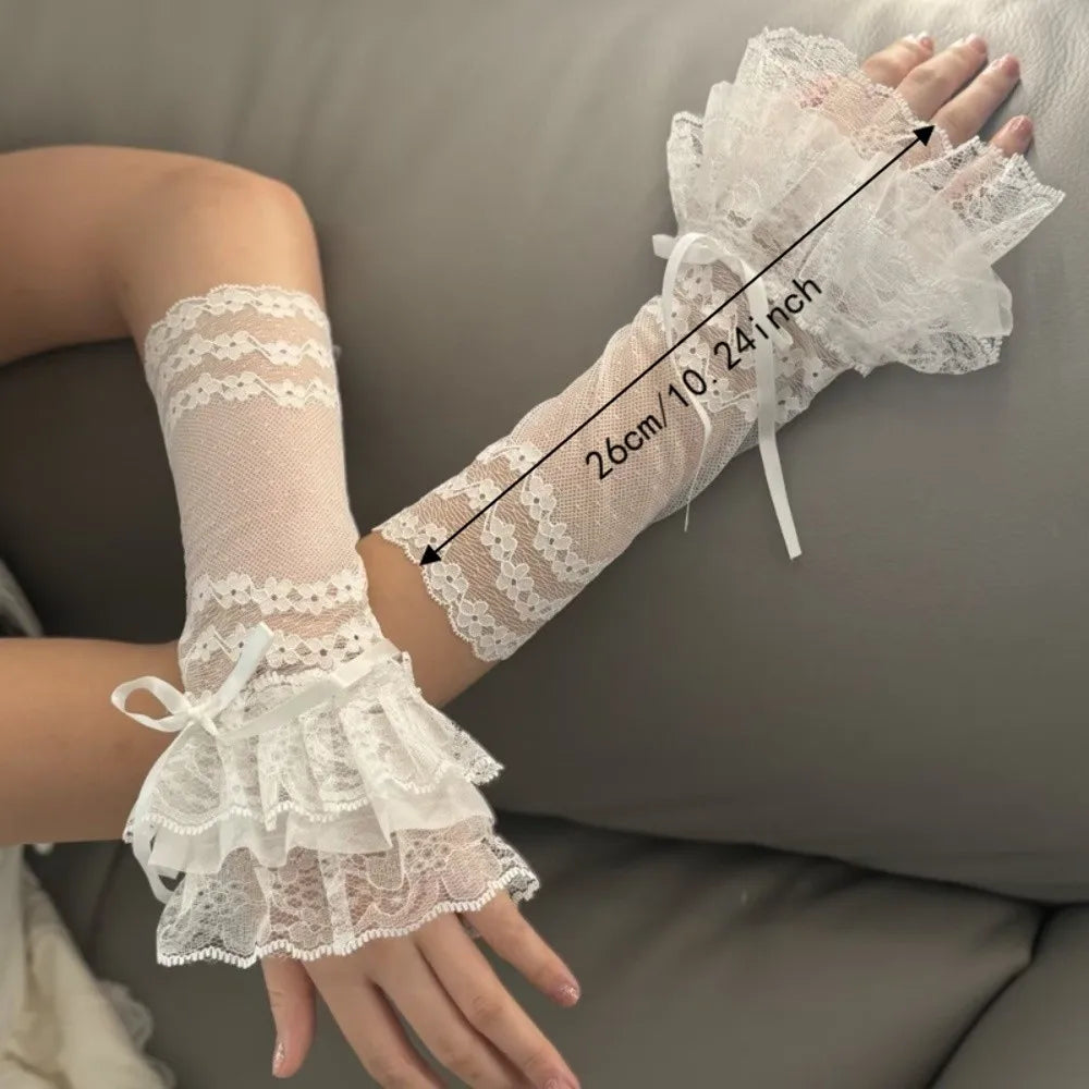 Ruffled Mesh Fingerless Gloves Bowknot Sheer Lolita Cosplay Fingerless Fashion Gloves PLUSH