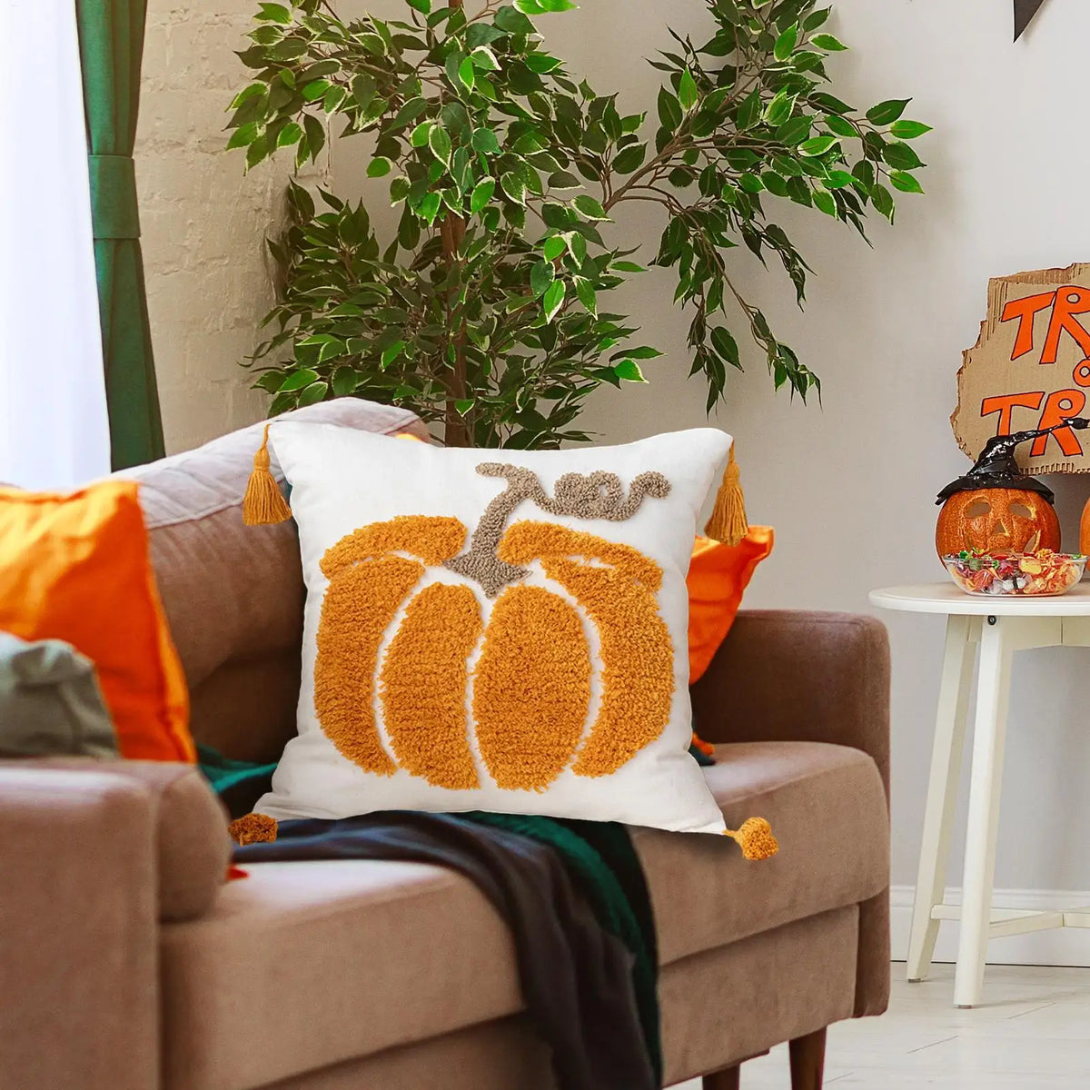 Halloween Pumpkin Ghost Throw Pillow Cover | Fall Décor Throw Pillow Cover PLUSH