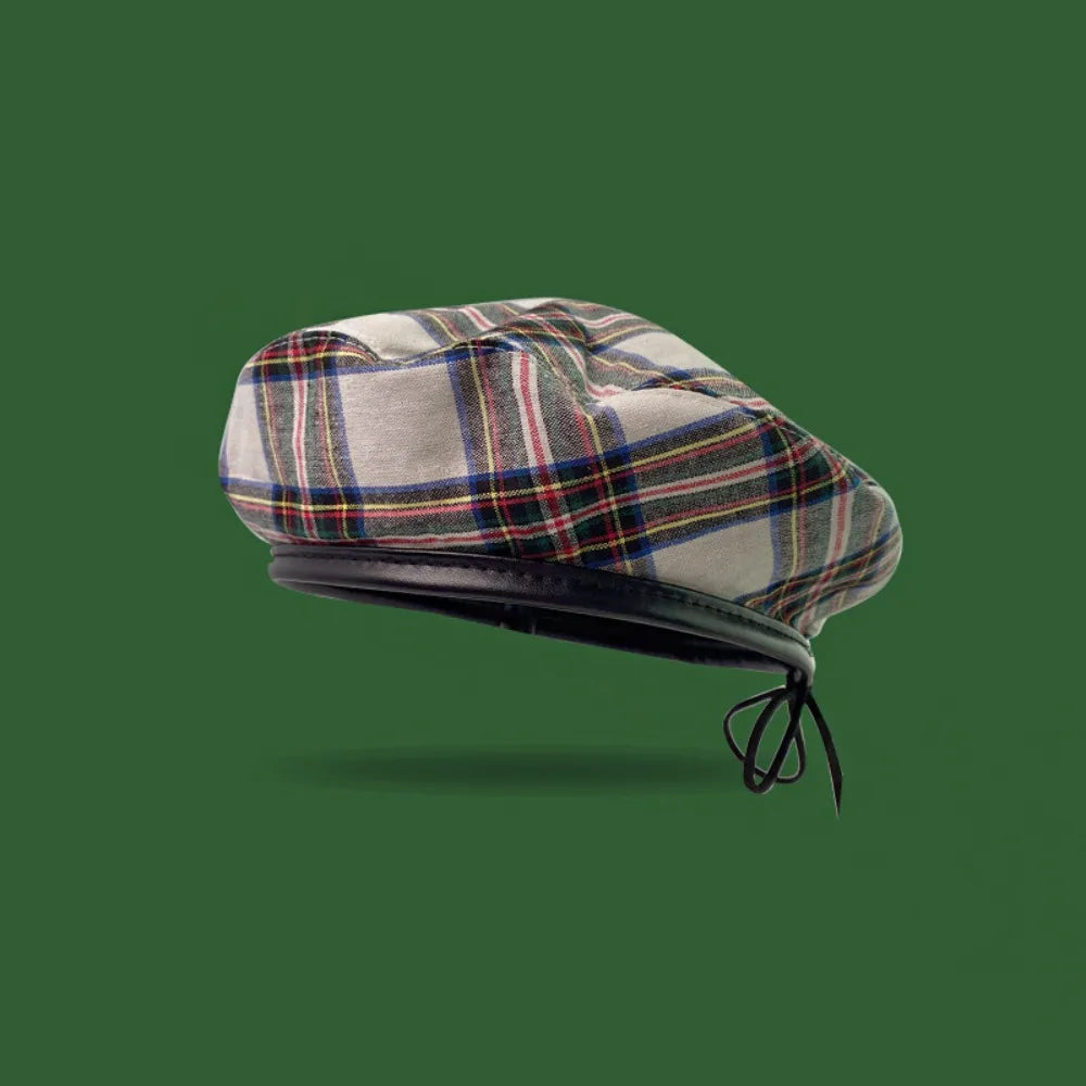 Tartan Plaid Beret Y2K Drawstring Newsboy Cap – Retro Green Hat Beret Newsboy Cap PLUSH Grey White