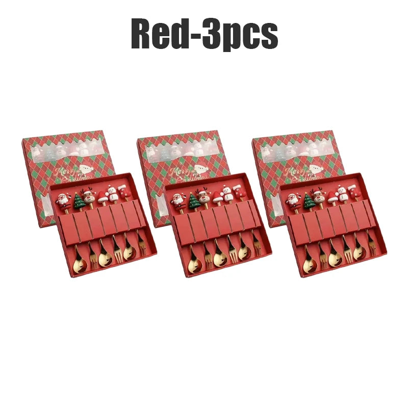Christmas Santa Cartoon Spoon & Fork Tableware Gift Box Set Holiday Tableware Set PLUSH Red 3PCS