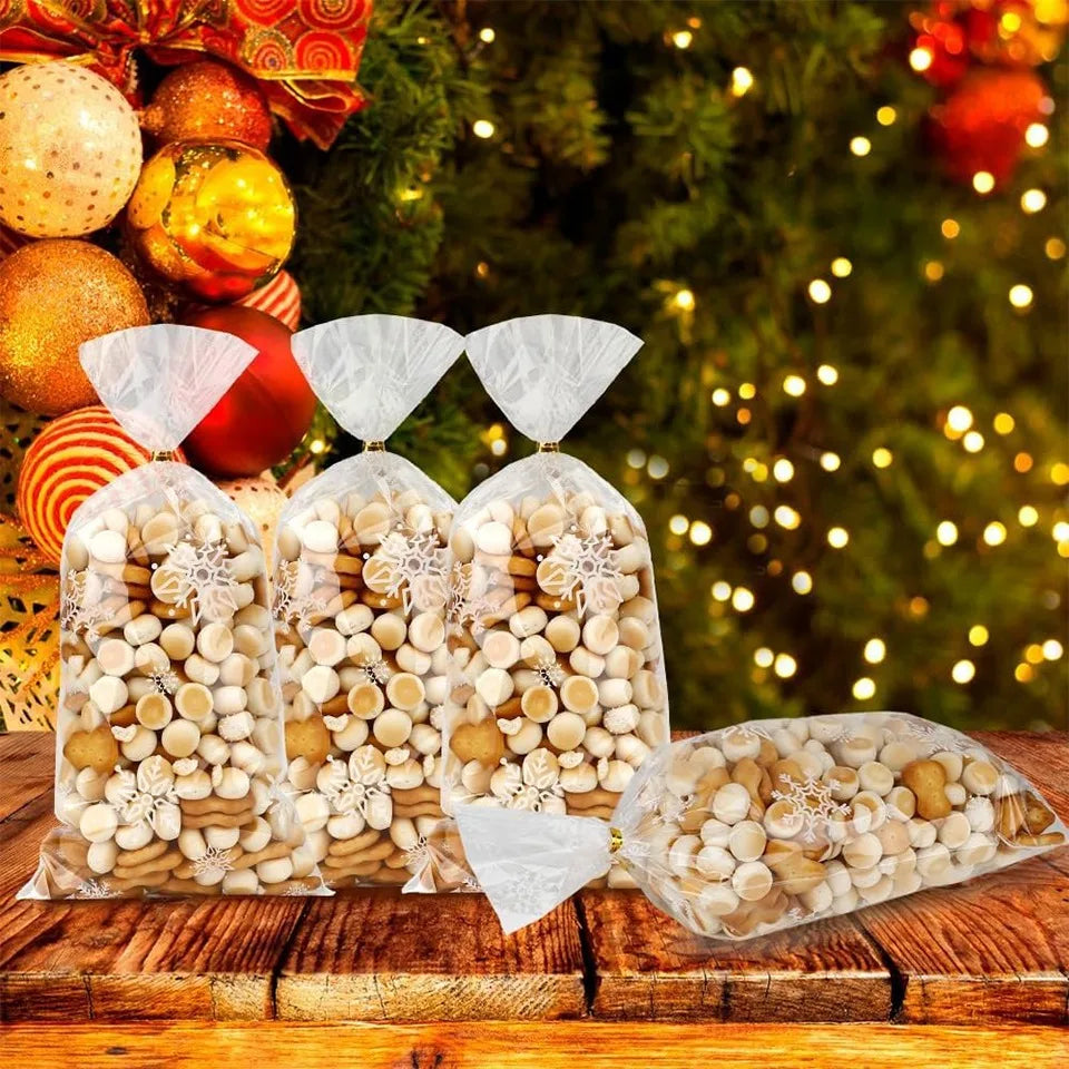 50/100PCS Christmas Snowflake Transparent Candy & Gift Bags Holiday Gift Bags PLUSH