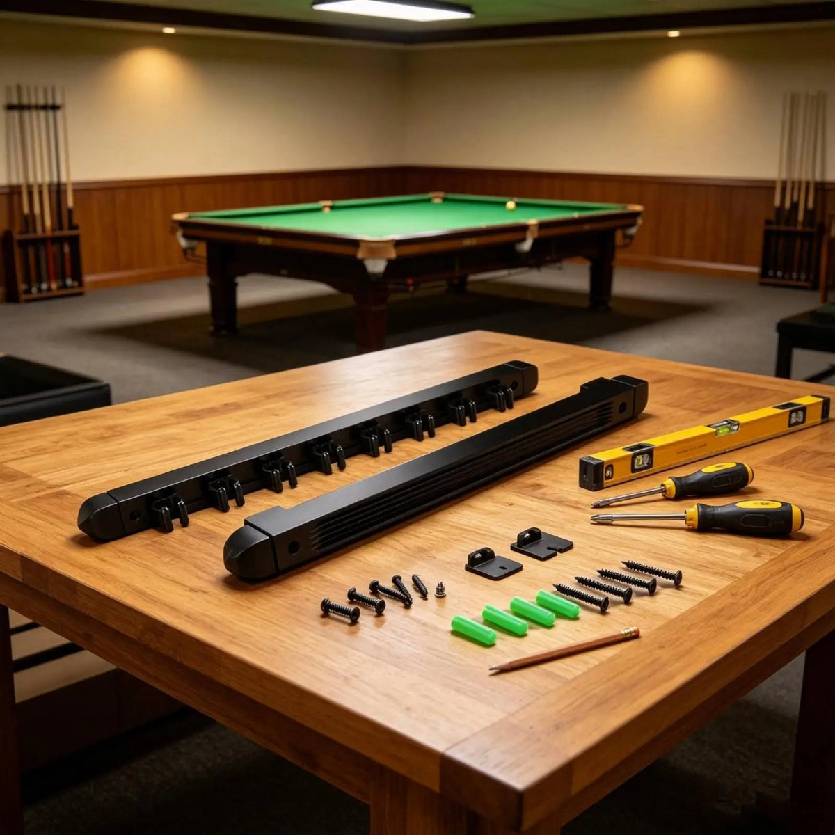 Pine Wood Billiard Cue Rack – 8-Slot Wall Mount Organizer Billiard Cue Rack PLUSH