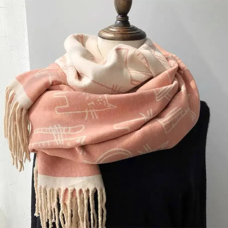 Women's Cat Print Pashmina Shawl Scarf with Tassels 190x65cm Pashmina Shawl Scarf PLUSH Pink