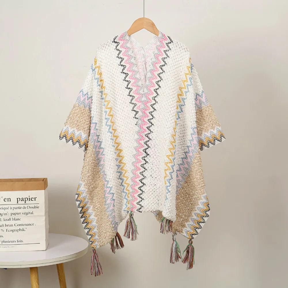 Women's Bohemian Knit Tassel Poncho Shawl – Ethnic Cape Wrap Knit Poncho Cape PLUSH Style 14