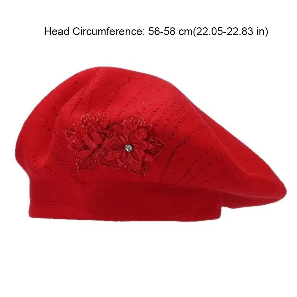Women's French Beret Hat – Rhinestone Flower Cotton Cap Women's Beret Hat PLUSH