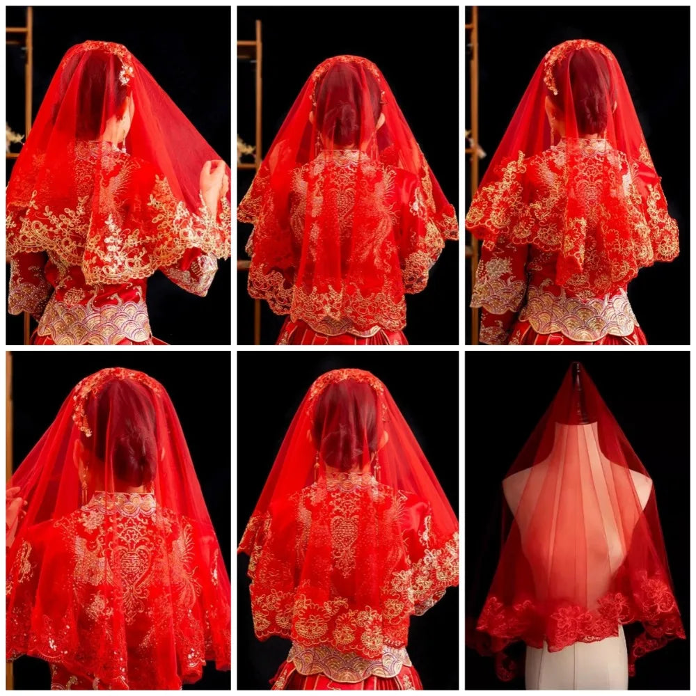 Red Gold Embroidery Bridal Veil – Lace Chinese Wedding Head Cover Bridal Veil PLUSH