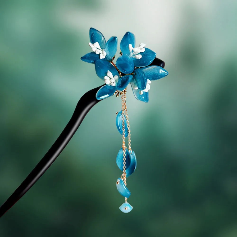 Wooden Chinese Hair Stick Vintage Flower Tassel Hairpin Fork Hair Stick Hairpin PLUSH Style 17