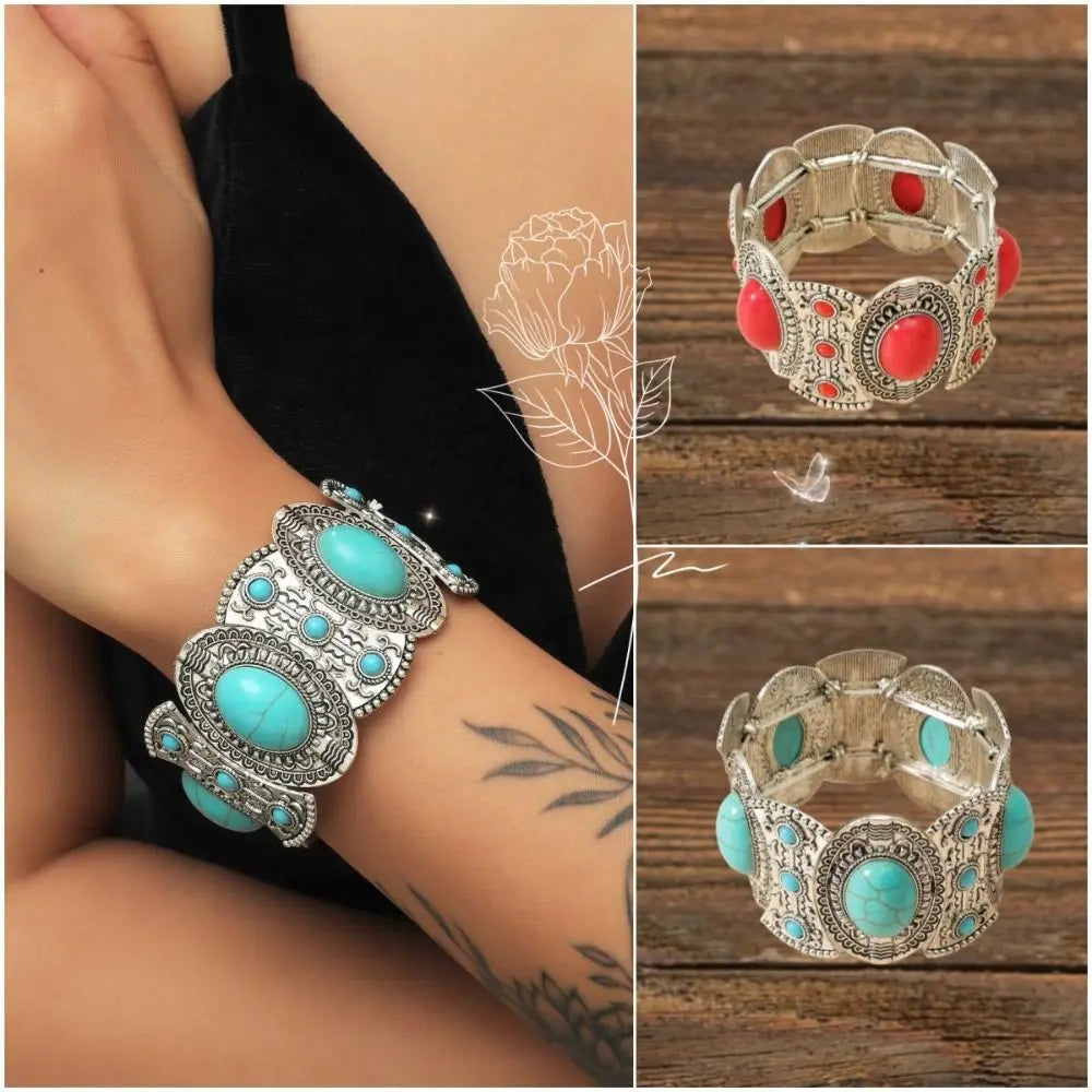 Tribal Wide Elastic Bangle – Bohemian Turquoise Bracelet Cuff Bangle Bracelet PLUSH