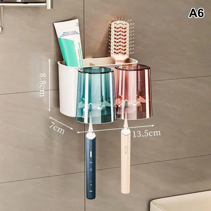 Wall Mounted Toothbrush & Mouthwash Cup Holder – No Drill Toothbrush Holder Set PLUSH A6