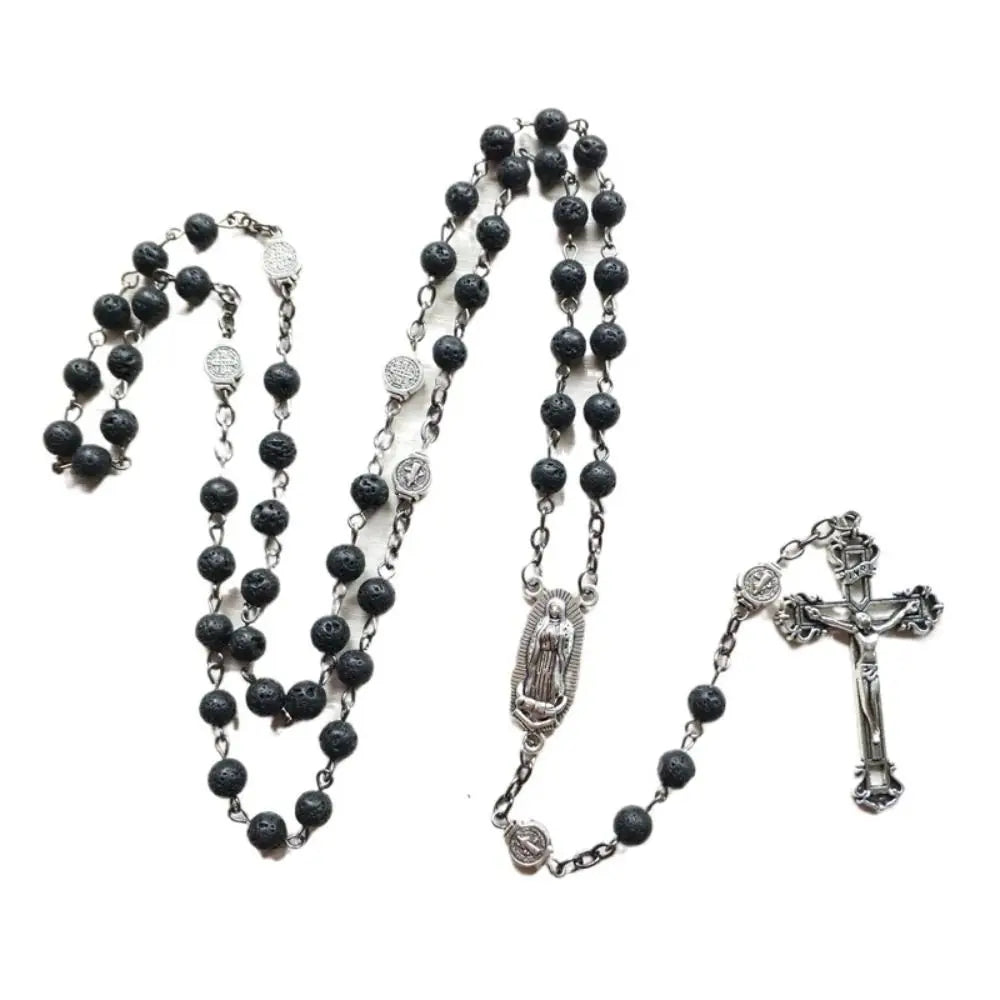 Volcanic Stone Black Rosary Necklace – Cross Crucifix Pendant Rosary Necklace PLUSH
