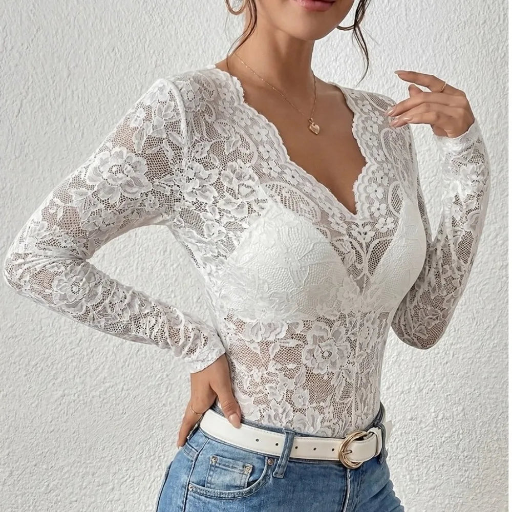 Women's V-Neck Sheer Lace Long Sleeve Slim Crop Top Blouse Lace Crop Blouse PLUSH White XXL