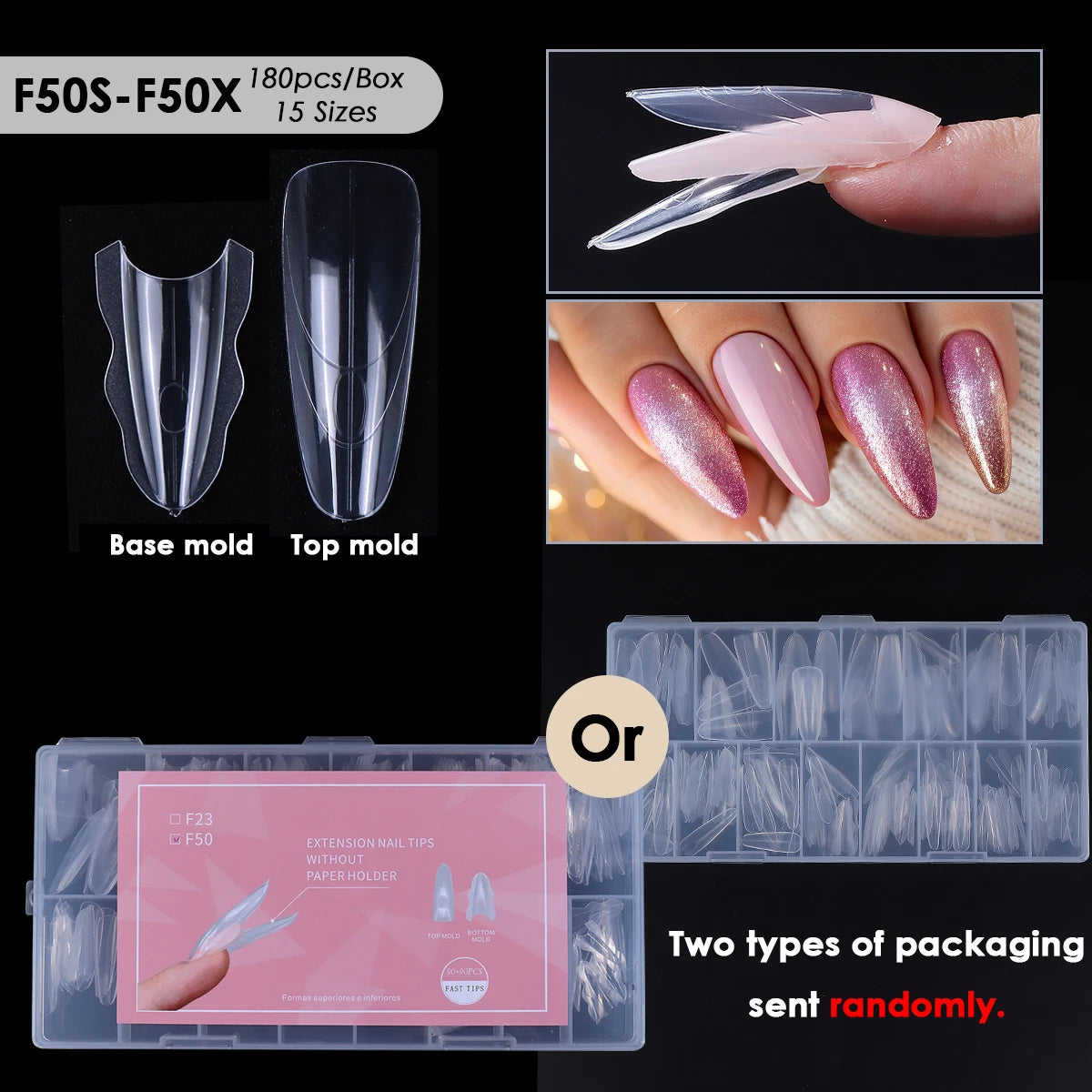 180pcs Sandwich Dual Nail Extension Molds – Oval & Coffin 15 Sizes Nail Extension Molds PLUSH F50S-F50X