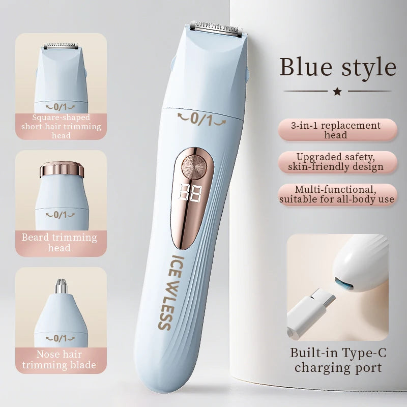 Women's 3-in-1 Electric Shaver USB Rechargeable LCD Display Women's Electric Shaver PLUSH Blue