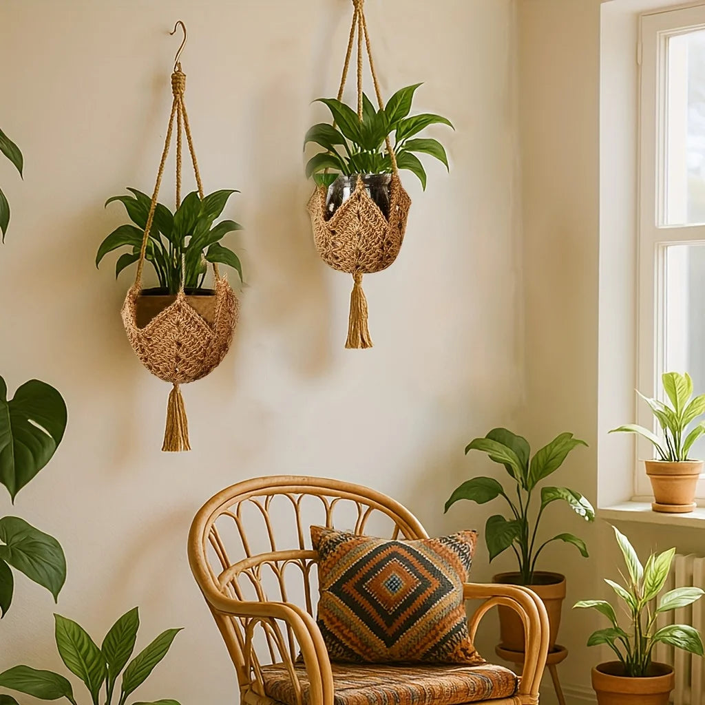 Boho Macrame Jute Hanging Planter Basket – 3 to 12 Inch Pots Hanging Planter Basket PLUSH
