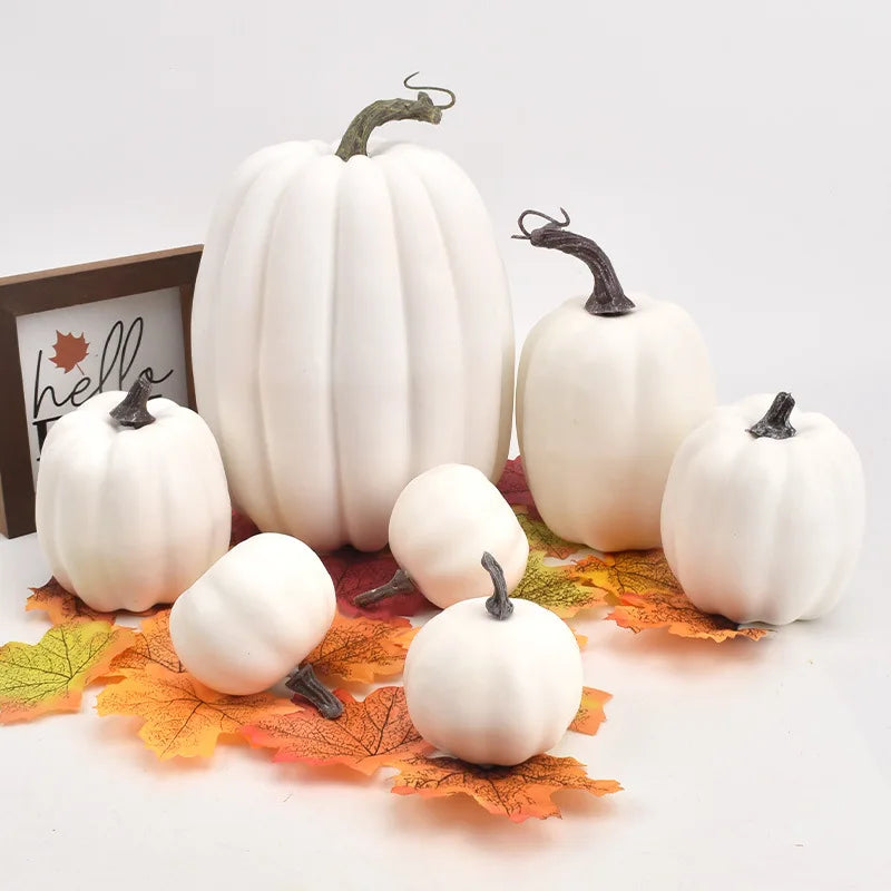 7-Piece Artificial White & Yellow Pumpkin Decor Set | Fall Halloween Artificial Pumpkin Decor PLUSH