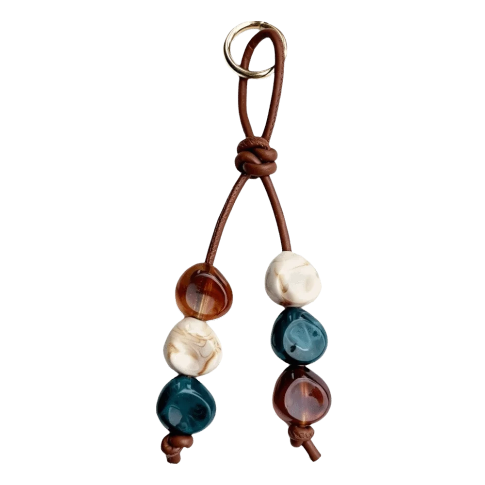 Vintage Boho Resin Beaded Keychain – Braided PU Cord Keyring Beaded Keychain PLUSH Style A