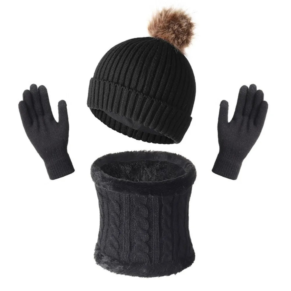 Women's Winter Knit Beanie Hat Scarf & Gloves Set | Pompom Winter Accessory Set PLUSH Black