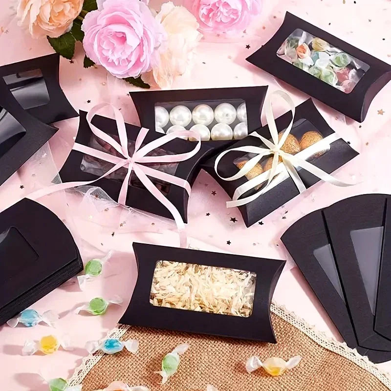 50pcs Paper Pillow Gift Boxes with Clear PVC Window | Candy & Jewelry Gift Packaging Boxes PLUSH