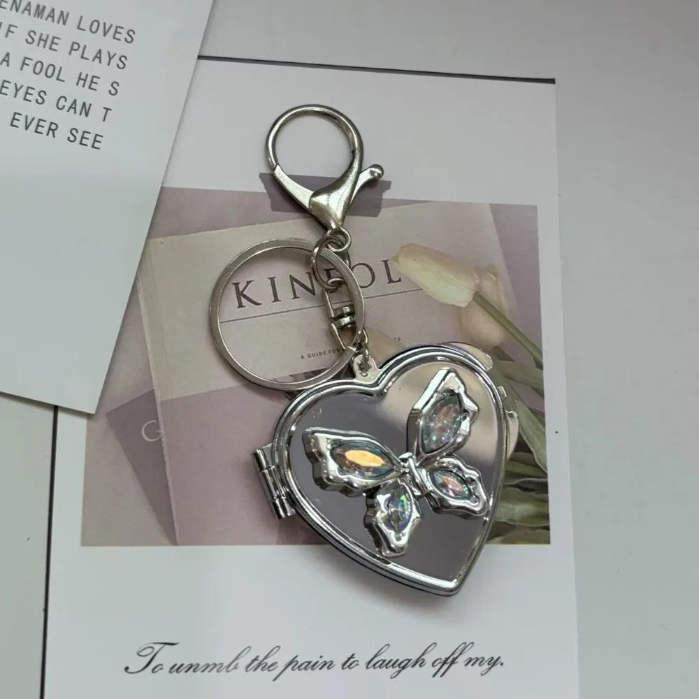 Y2K Bow Heart Mirror Keychain – Double Sided Compact Pendant Mirror Keychain PLUSH style D
