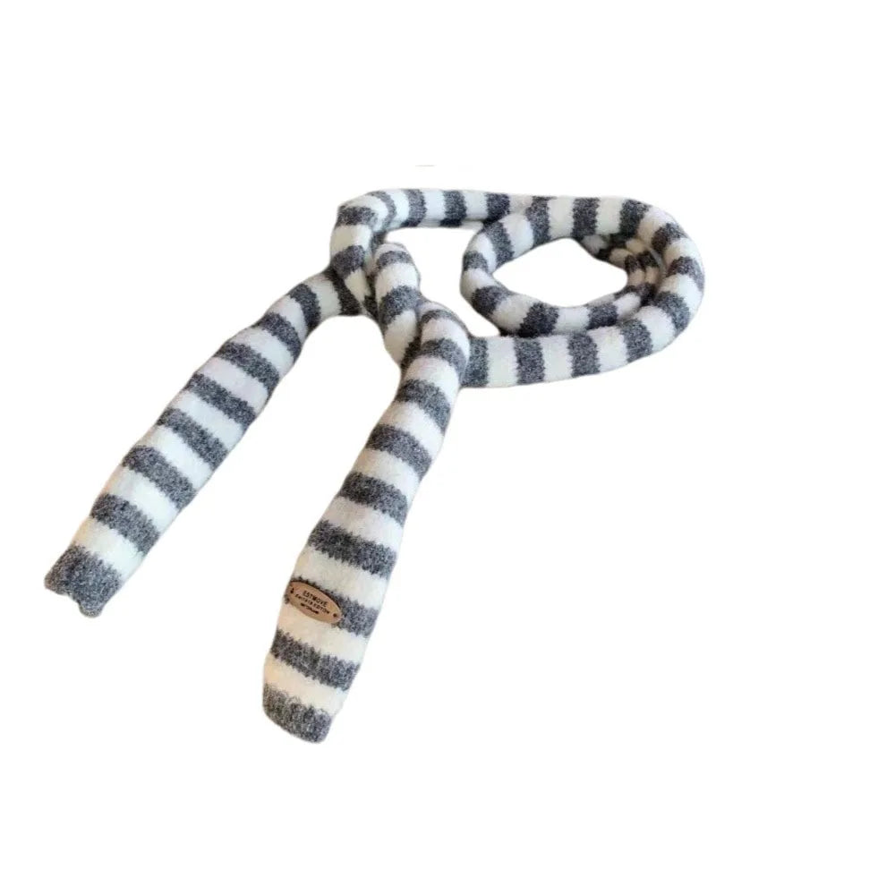 Y2K Harajuku Striped Knit Scarf – Korean Neckerchief Shawl Knit Neckerchief Scarf PLUSH Grey