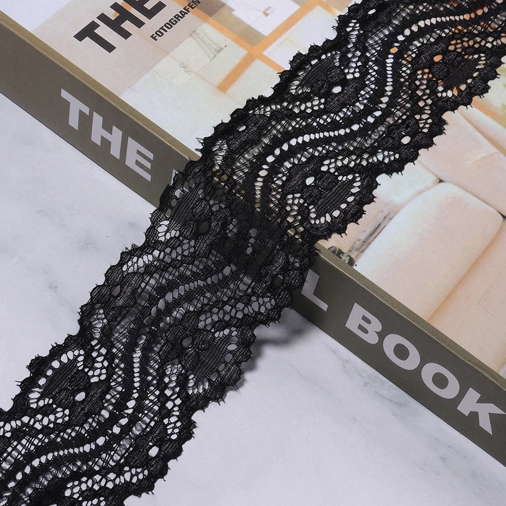 6cm Elastic Floral Lace Trim 2 Yards – DIY Sewing Craft Elastic Lace Trim PLUSH black 6cm