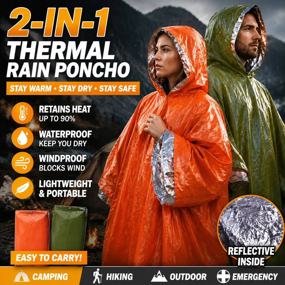 Survival Foil Emergency Blanket & Waterproof Rain Poncho Survival Outdoor Gear PLUSH