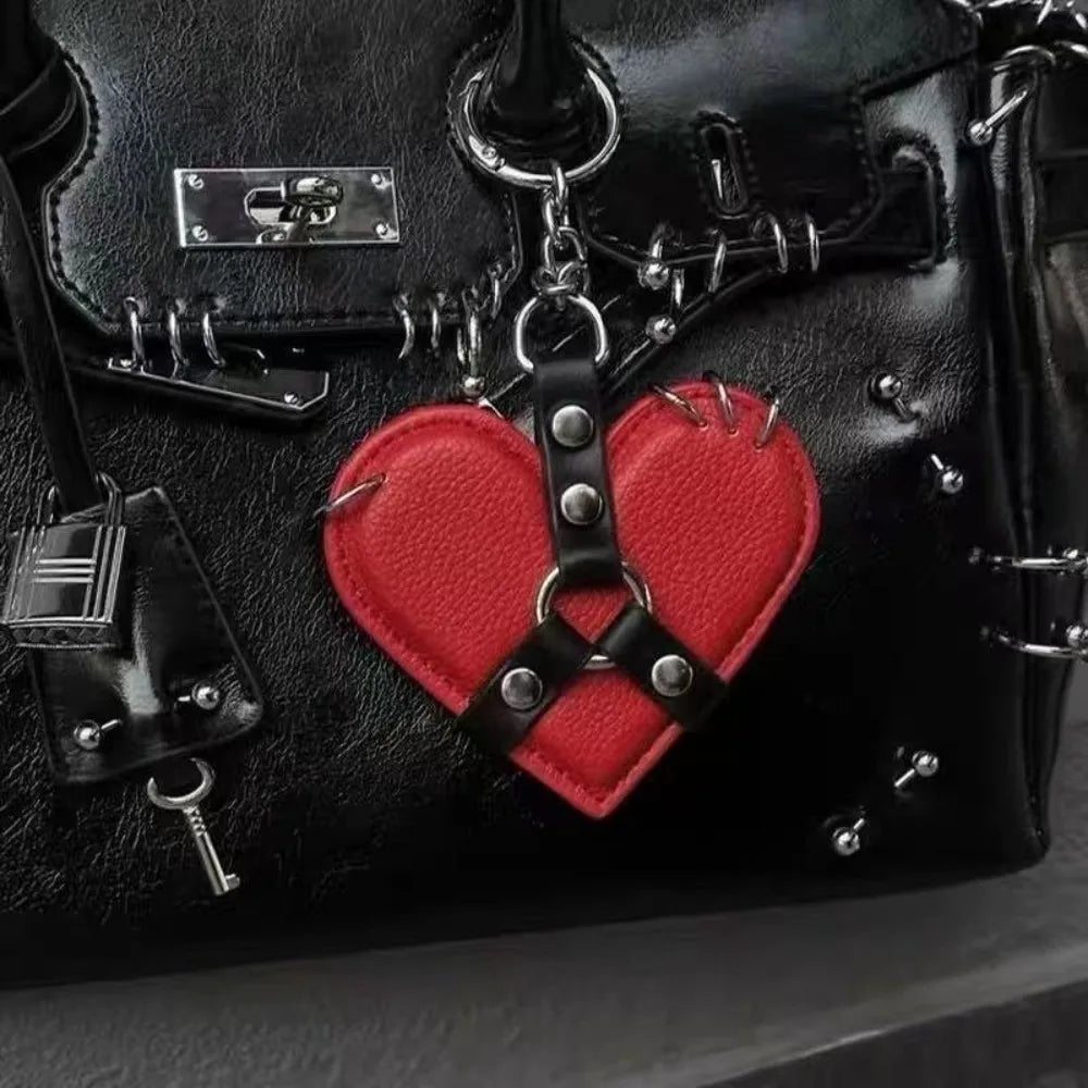 Y2K Rivet Heart Bag Charm – Punk Gothic Leather Keychain Bag Charm Keychain PLUSH Red