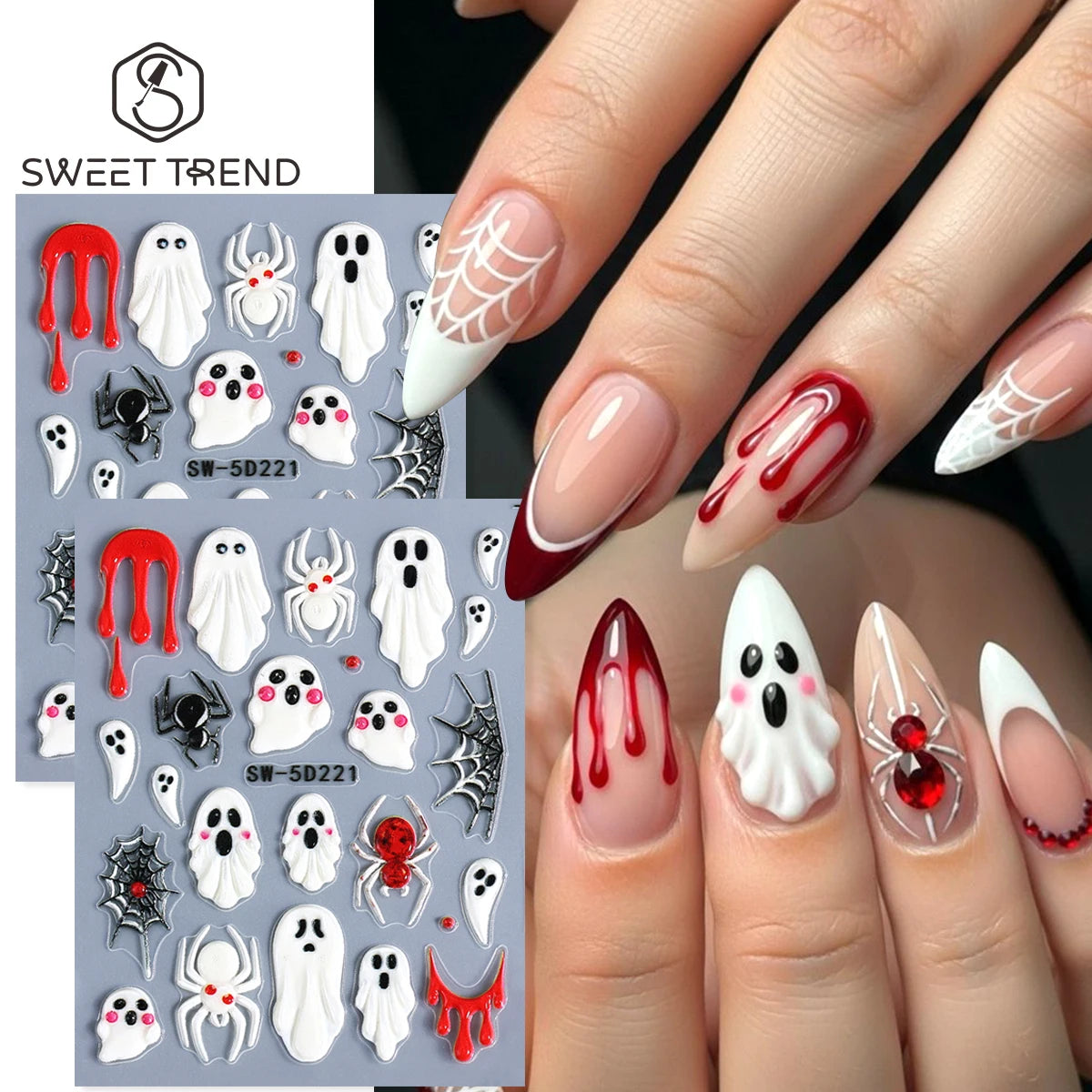 Halloween 5D Embossed Nail Stickers – Spider Web Ghost Decals Nail Art Stickers PLUSH