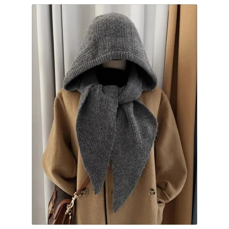 Korean Hood Scarf Knit Hat – Unisex Winter Headwear Winter Hood Scarf Hat PLUSH