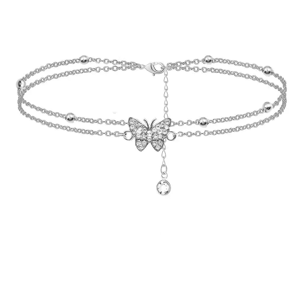 Vintage Heart Butterfly Layered Anklet – Adjustable Silver Bracelet Ankle Bracelet PLUSH silver-b