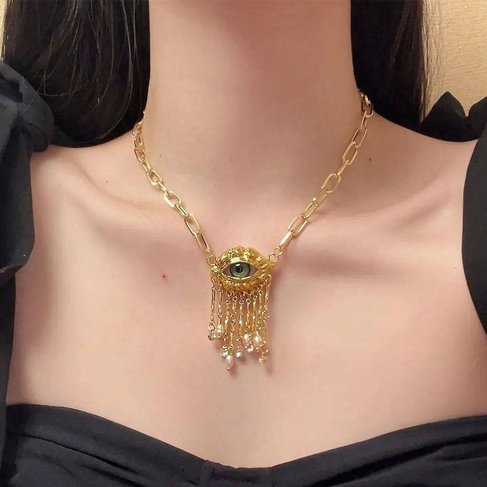 Vintage Demon Eye Tassel Necklace – Imitation Pearl Pendant Pendant Necklace PLUSH