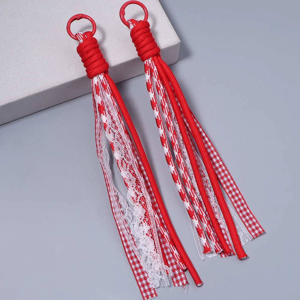 2pcs Lace Plaid Ribbon Braided Lanyard Keychain Charms DIY DIY Keychain Charm PLUSH red 21cm