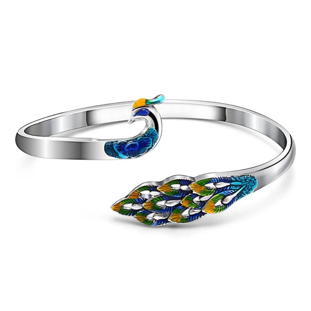 Hollow Peacock Enamel Bangle – Vintage Chinese Style Bracelet Enamel Cuff Bracelet PLUSH Blue