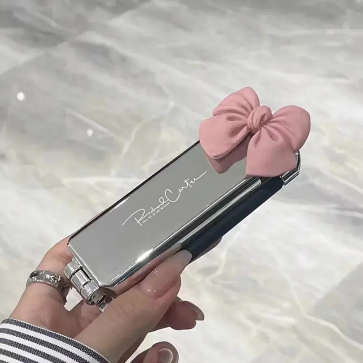 Bow Mini Folding Hair Brush with Mirror – Portable Travel Comb Folding Hair Brush PLUSH pink bow