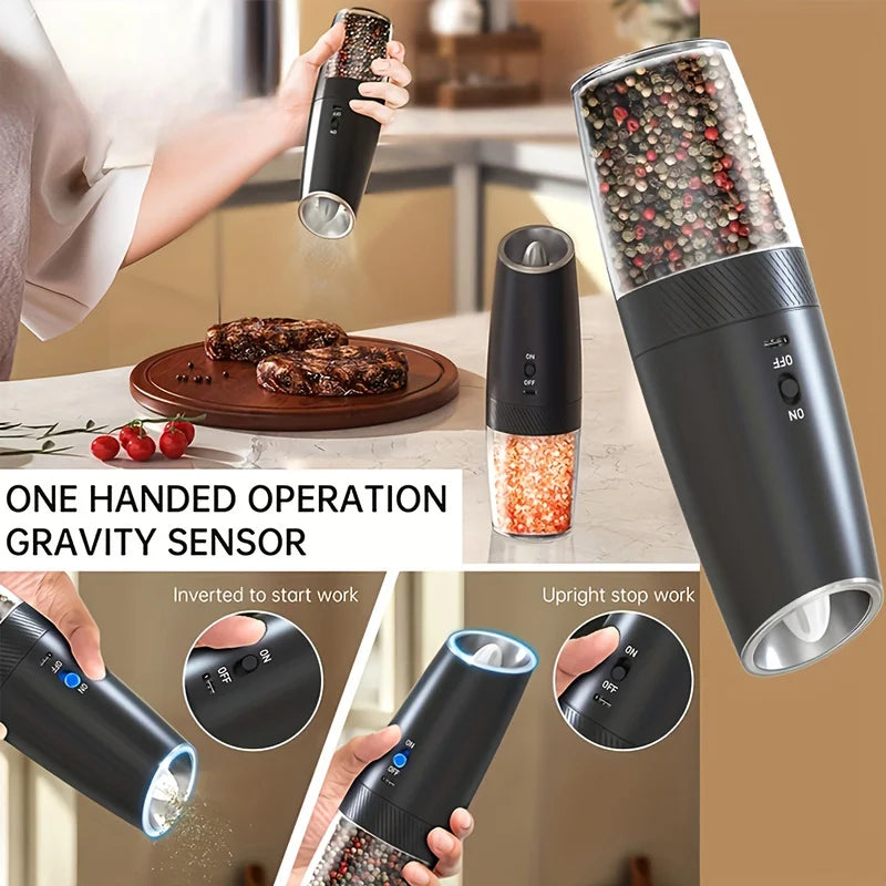 2-Pack Electric Salt & Pepper Grinder Set | USB, LED, Gravity Electric Spice Grinder PLUSH